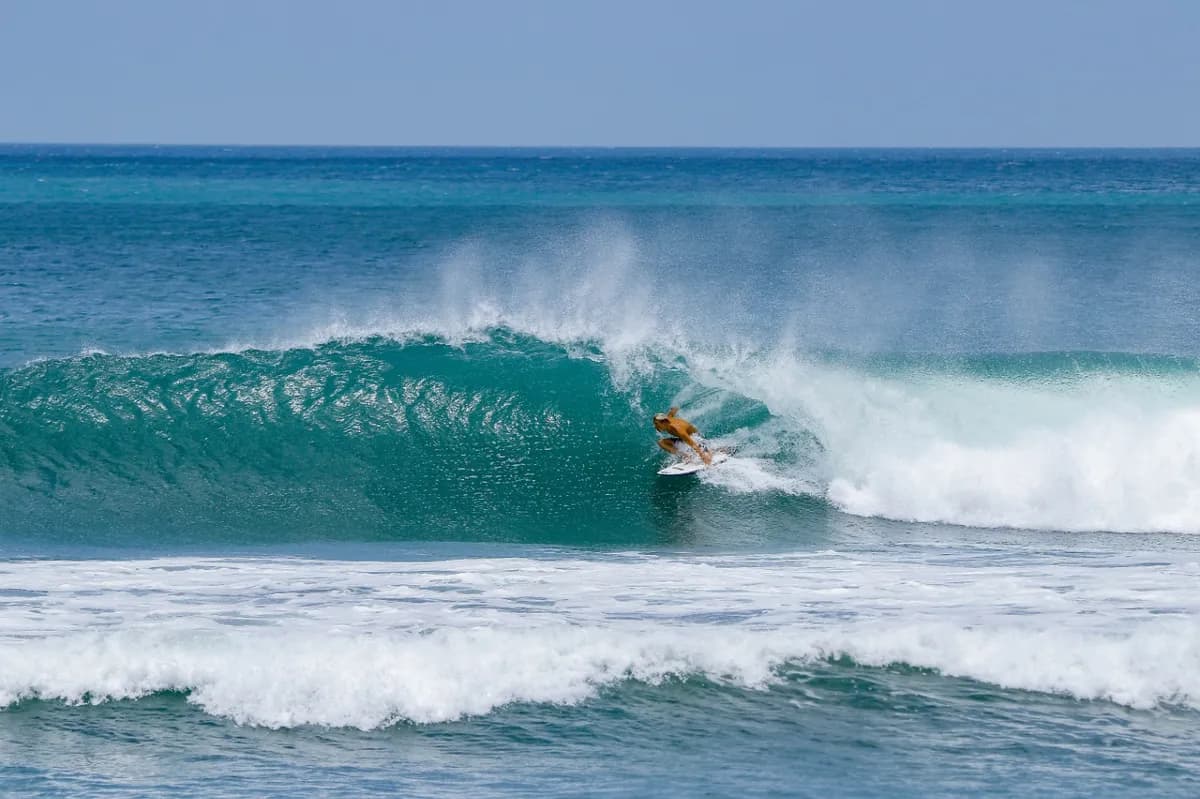 Surfer expertly rides overhead barrel at Playa Colorado.