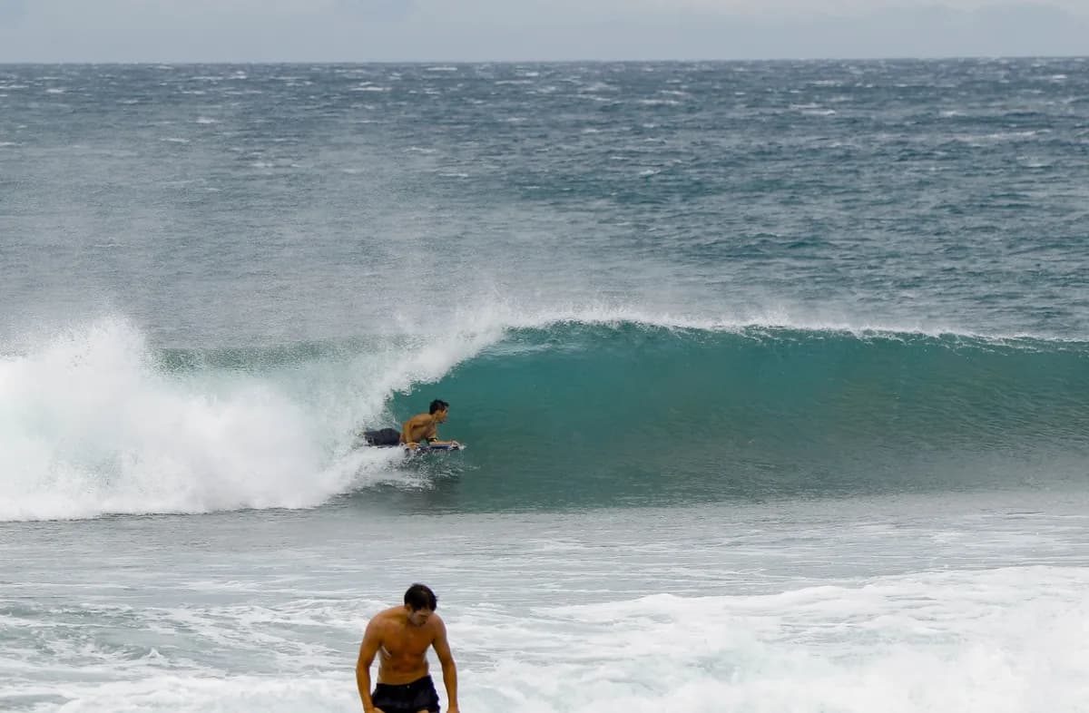 Surfer crouching under a small clean wave.