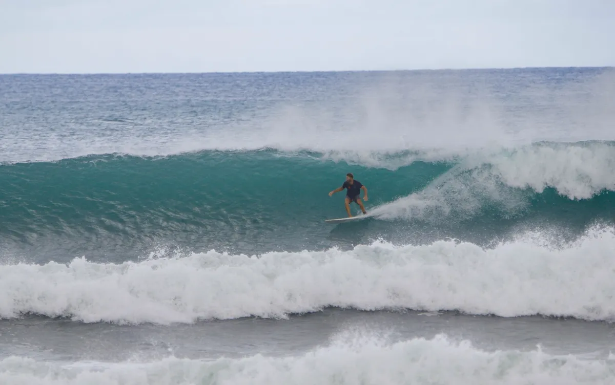 Surfer riding a headhigh wave with skill at Panga Drops.