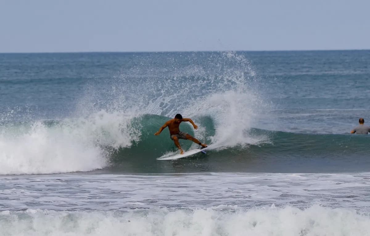 Surfer carves a sharp turn on a breaking wave.
