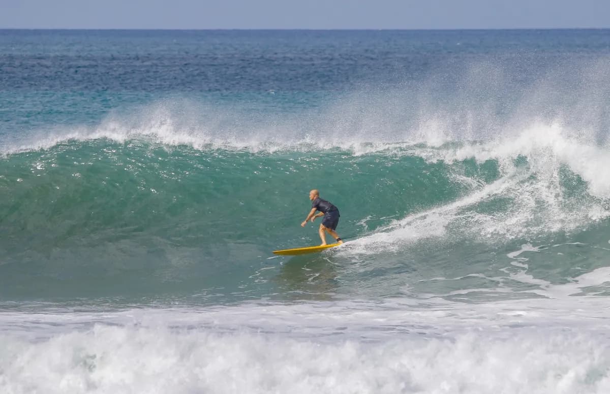 Surfer rides inside a pristine green wave.