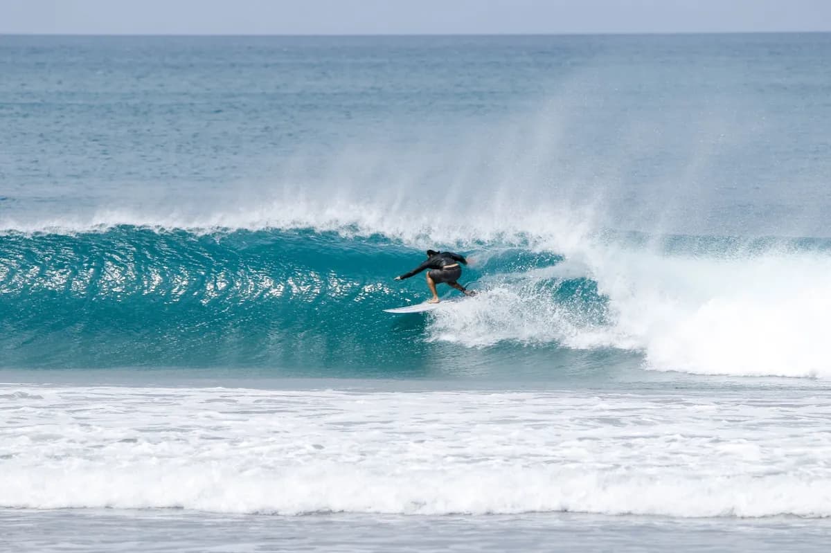 Surfer carves inside a perfect, peeling wave.