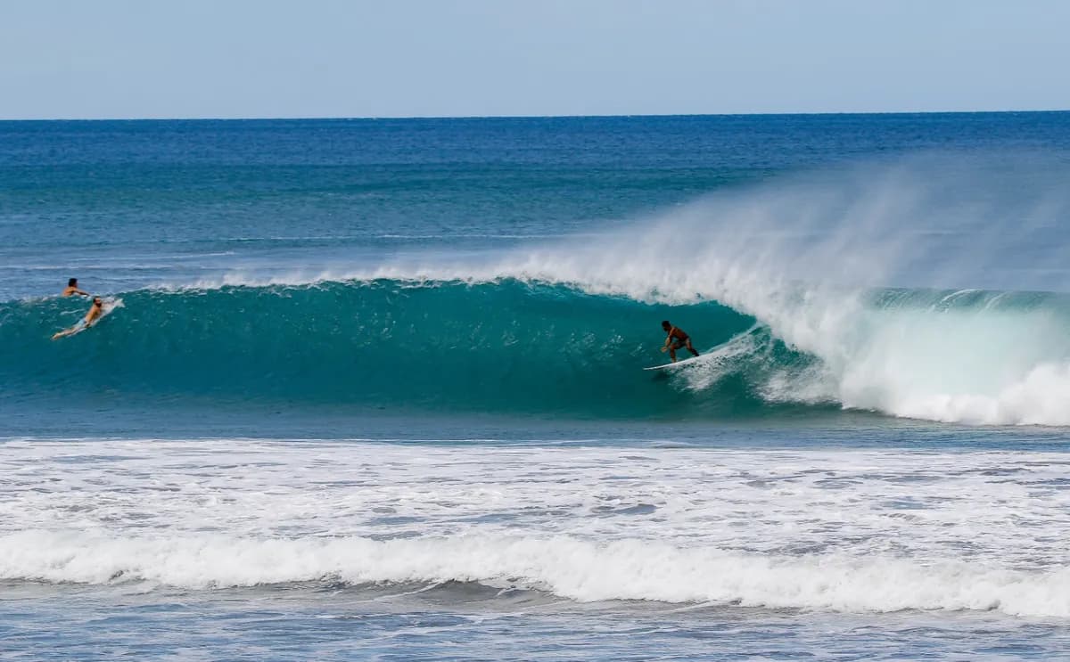 Surfer rides a perfect barrel wave, cutting skillfully.