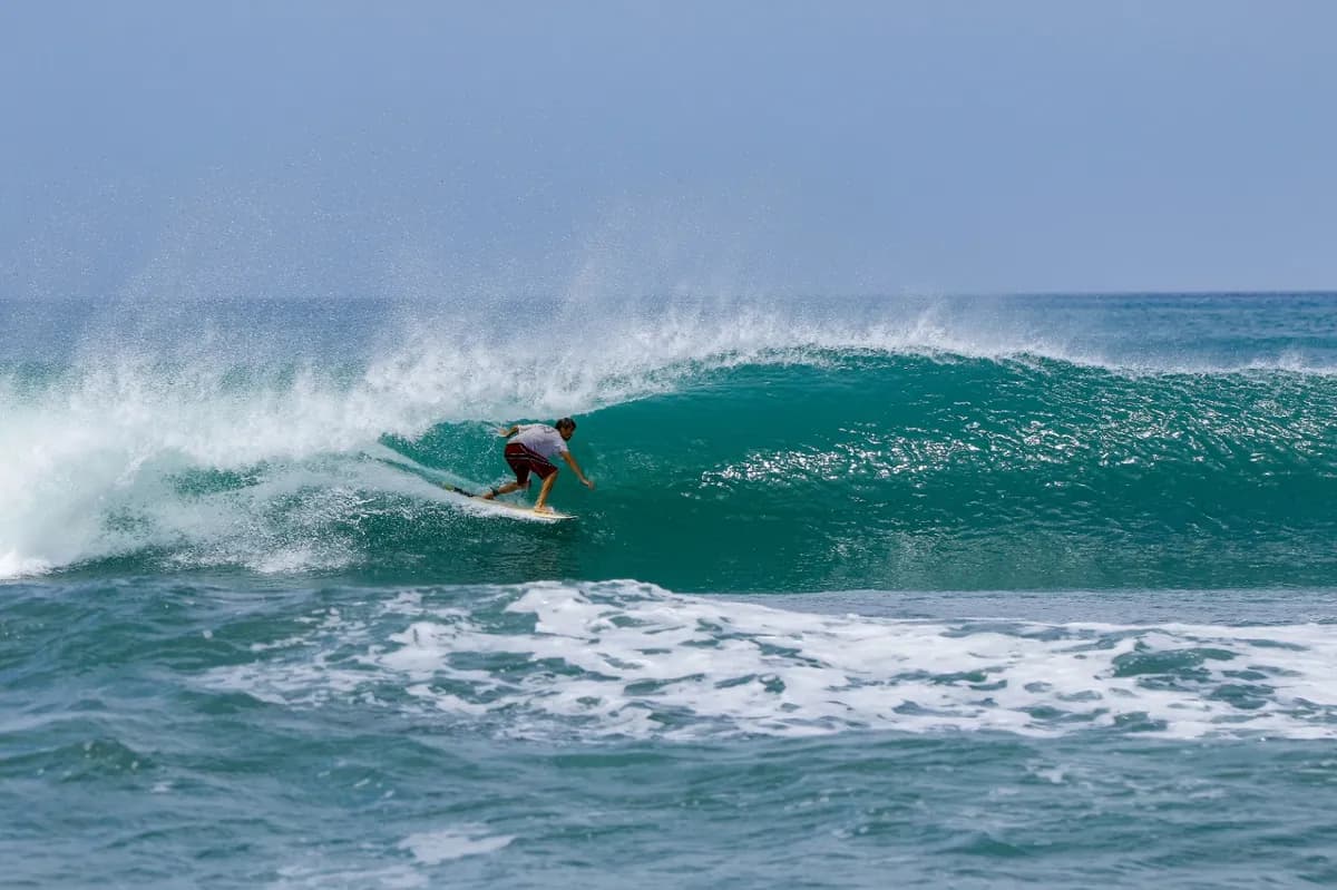 Surfer skillfully rides inside a clean barrel wave.