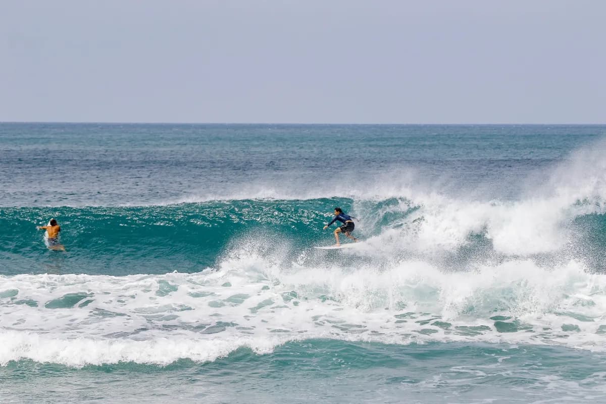Surfer rides a clean, open wave with precision.