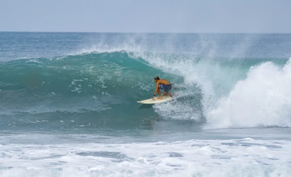 Surfer rides inside a curling wave, skillfully positioned.