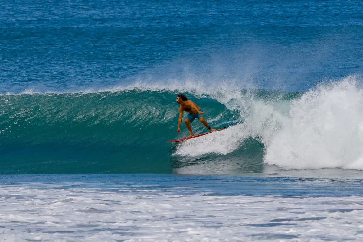 Surfer confidently rides a breaking wave.