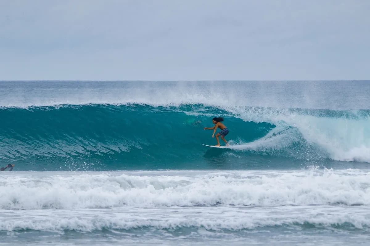 Surfer @momo charges a glassy right in a perfect barrel.