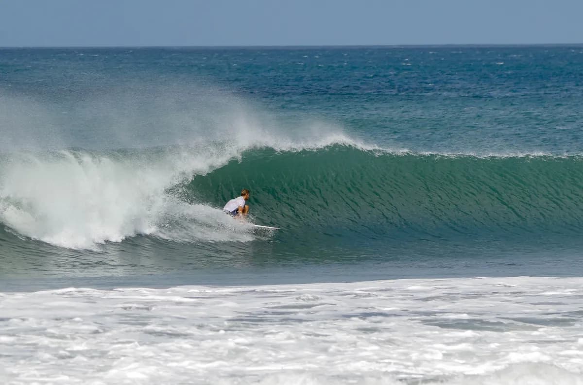 Surfer crouching inside a green barrel wave.