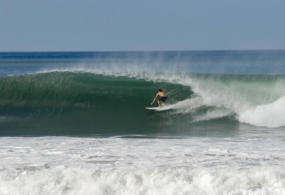 Surfer rides inside a smooth, green barrel wave.