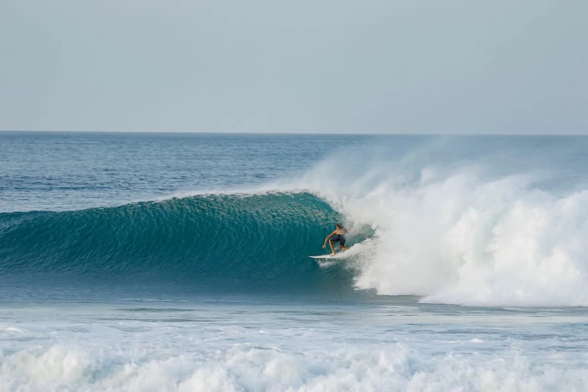 Surfer riding a clean, hollow barrel wave.