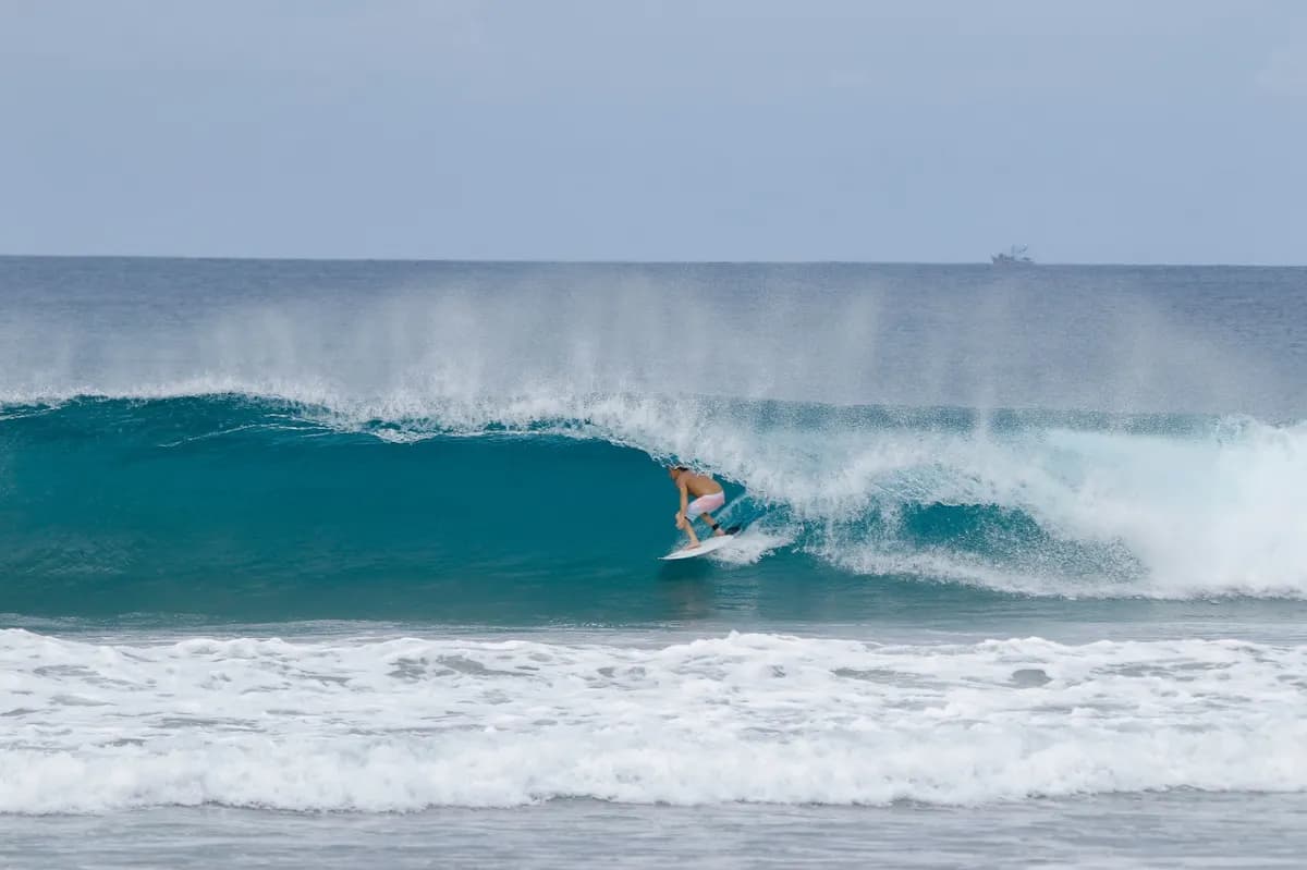 Surfer tucked in a perfect barrel on a clear day.