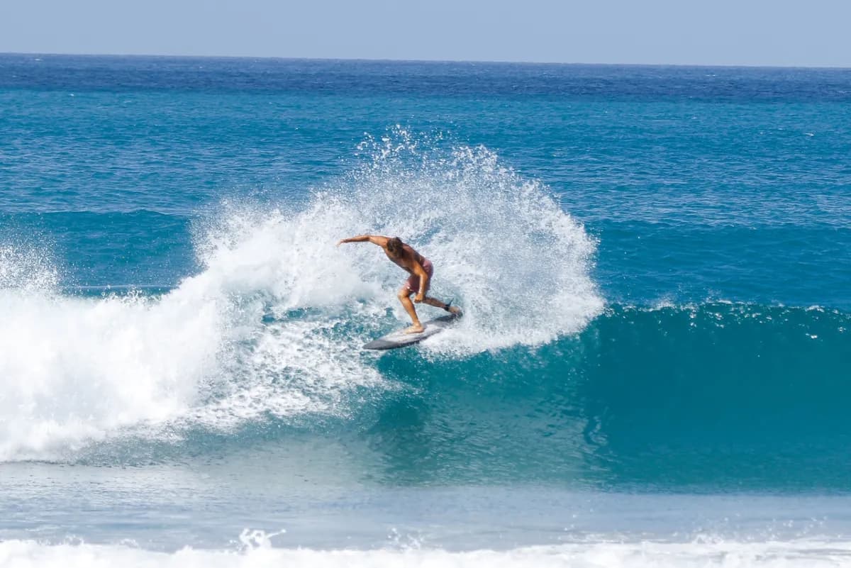Surfer executes a powerful carve on a peeling wave.
