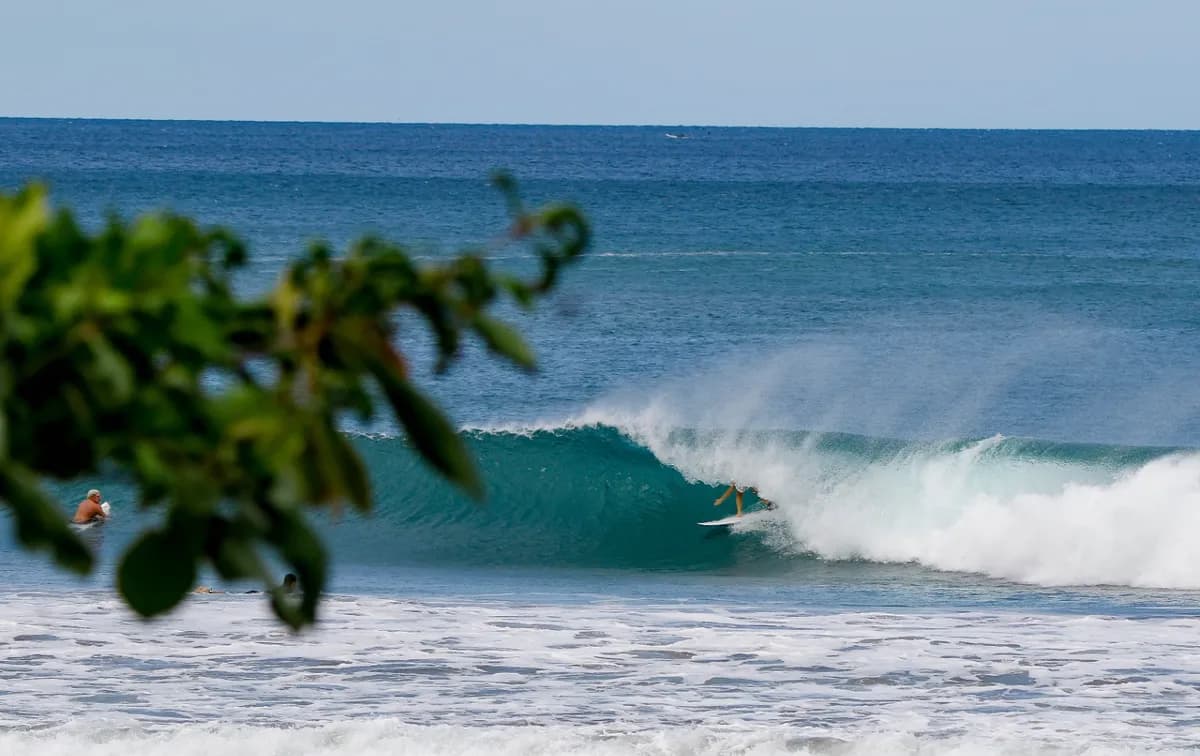 Surfer rides a perfect blue barrel wave at the beach.