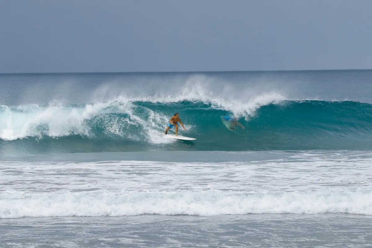 Surfer in a tight barrel with precise control and balance.