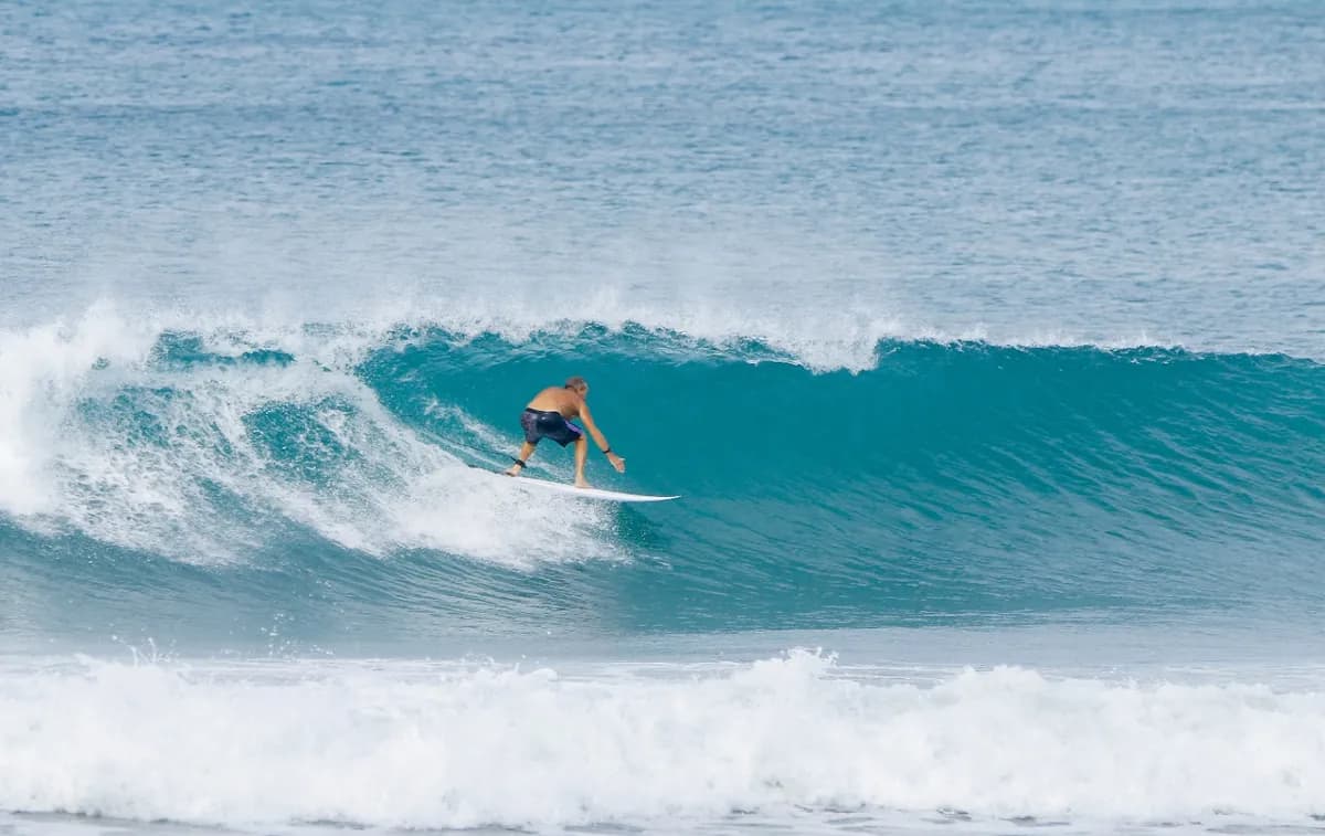 Surfer executing a bottom turn on a clean right wave.