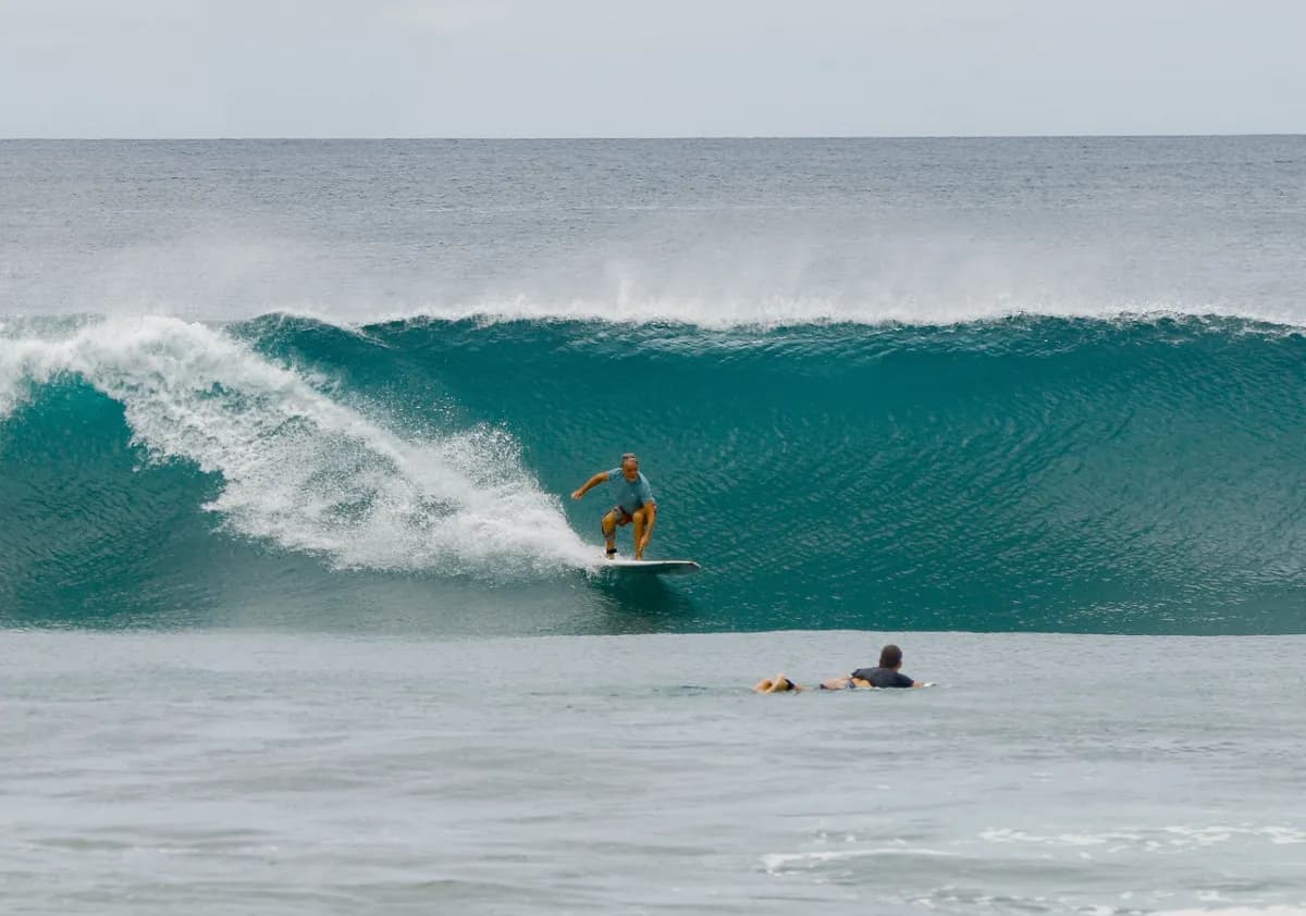 Surfer rides a hollow wave while another waits in the water.