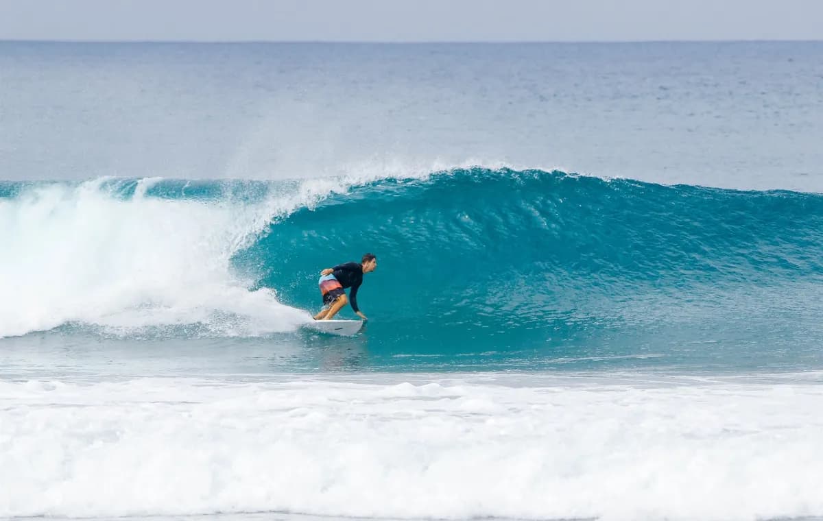Surfer crouches inside a clear, blue barrel.