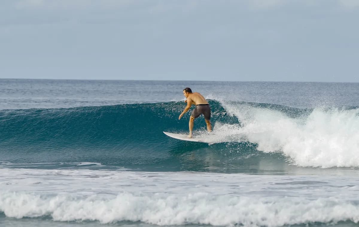 Surfer rides a clean, glassy wave in a perfect stance.