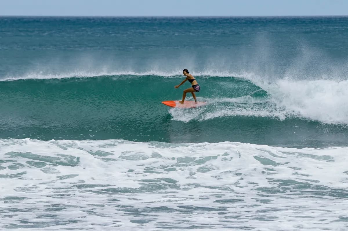 Lola rides a smooth right wave on her orange surfboard.