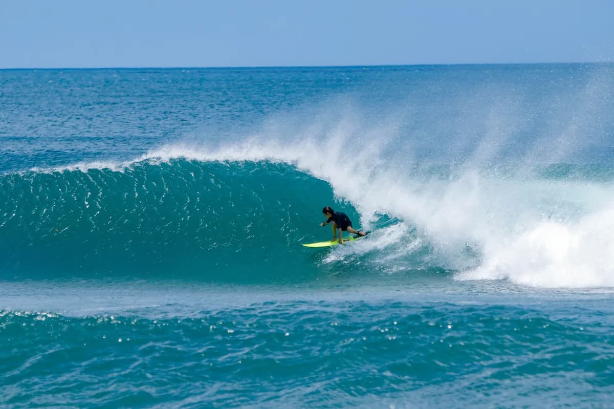 Surfer charges through a powerful blue barrel.