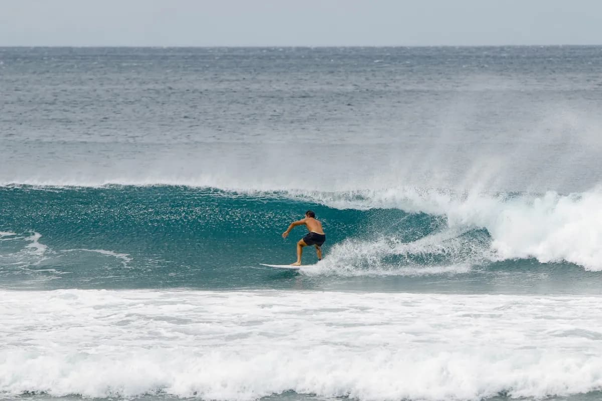 Surfer rides a clean, head-high wave at Playa Colorado.