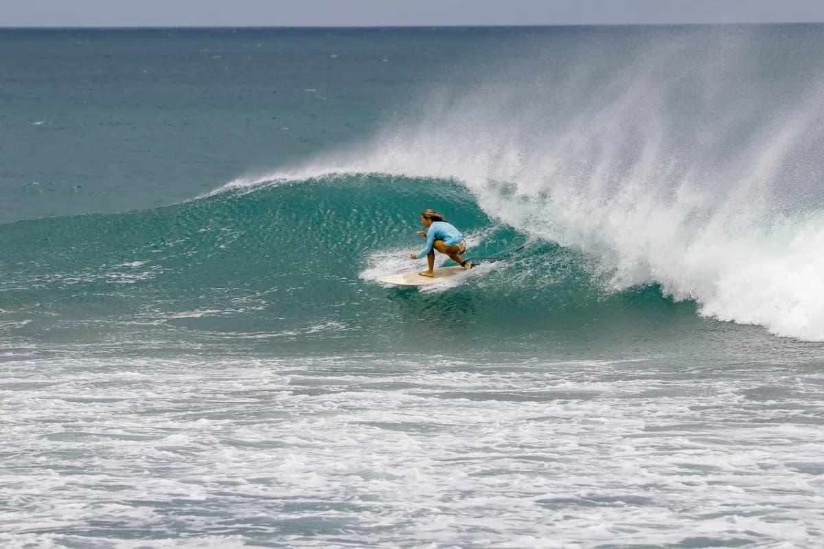 Surfer in a blue shirt drops into a perfect right barrel.