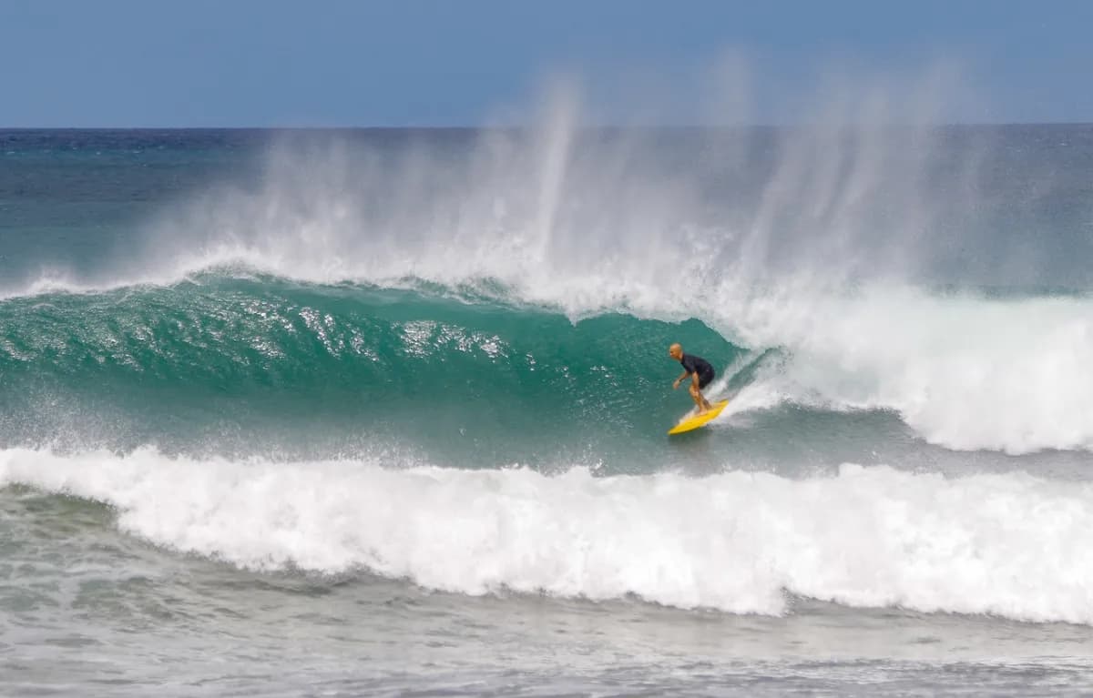 Surfer rides a powerful wave with spray in the air.