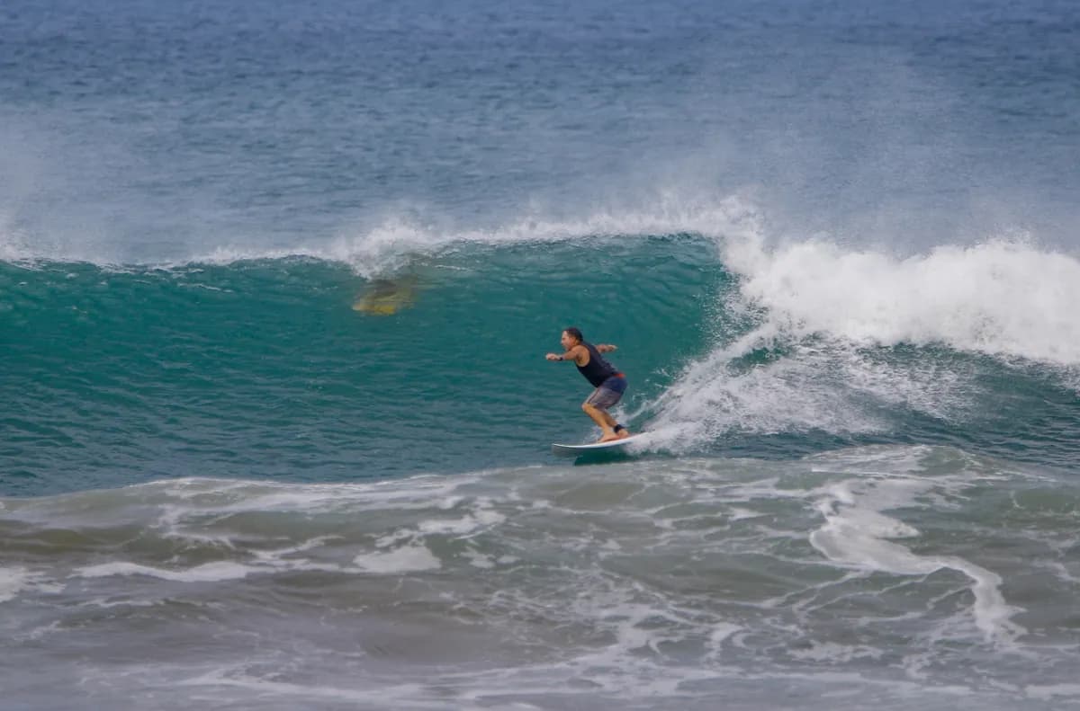Surfer skillfully rides a powerful wave.