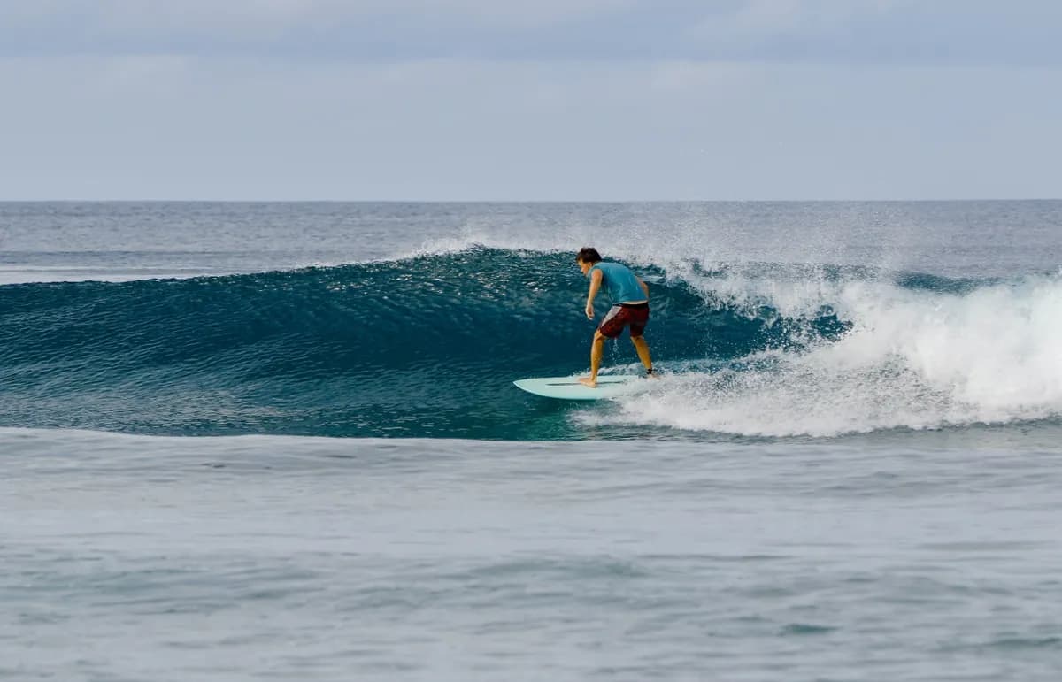 Surfer rides a smooth right wave on an overcast day.