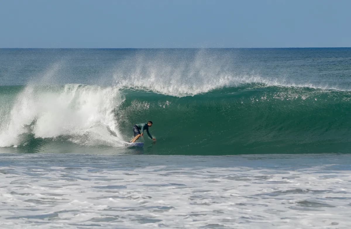 Surfer rides a clean green wave forming a barrel.